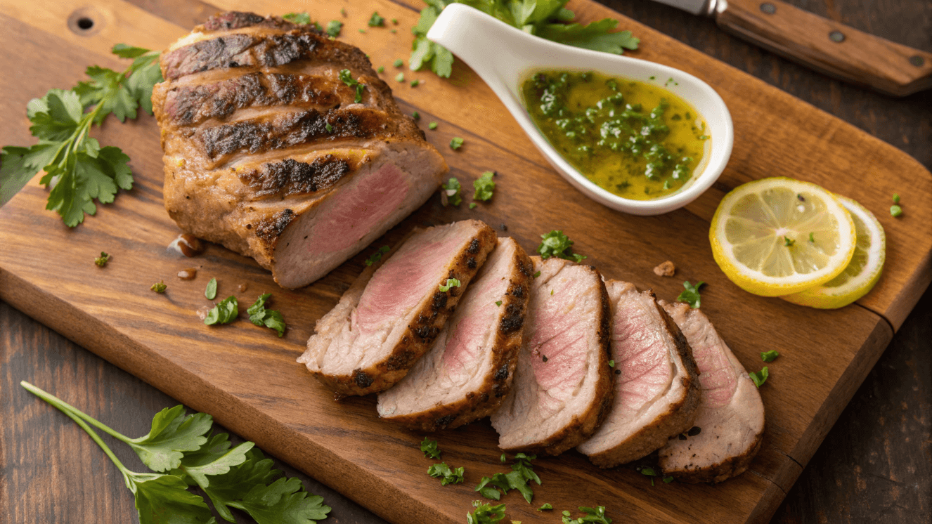 Sliced heart meat cooked to perfection on a wooden board, garnished with parsley and served with lemon marinade.