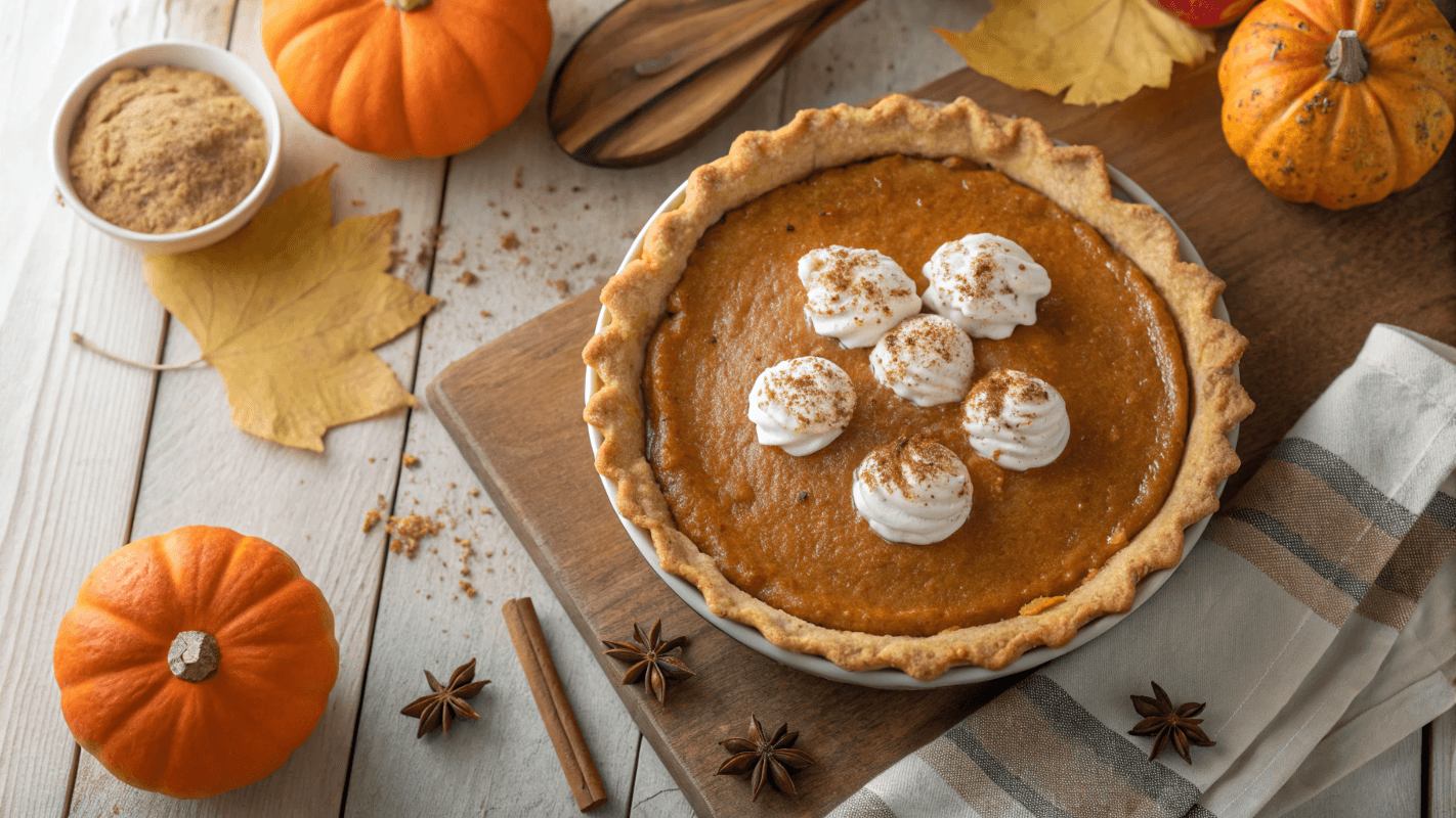 Golden-brown pumpkin pie garnished with whipped cream and cinnamon on a rustic table with pumpkins and fall leaves.