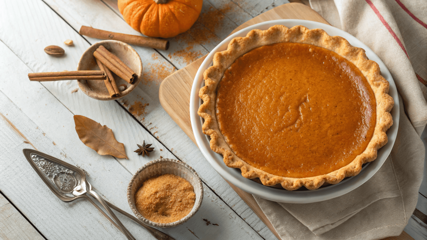 Golden pumpkin pie with a crisp crust, displayed on a rustic table, perfect for fall baking inspiration answering : How do you keep the bottom of a pumpkin pie from getting soggy?