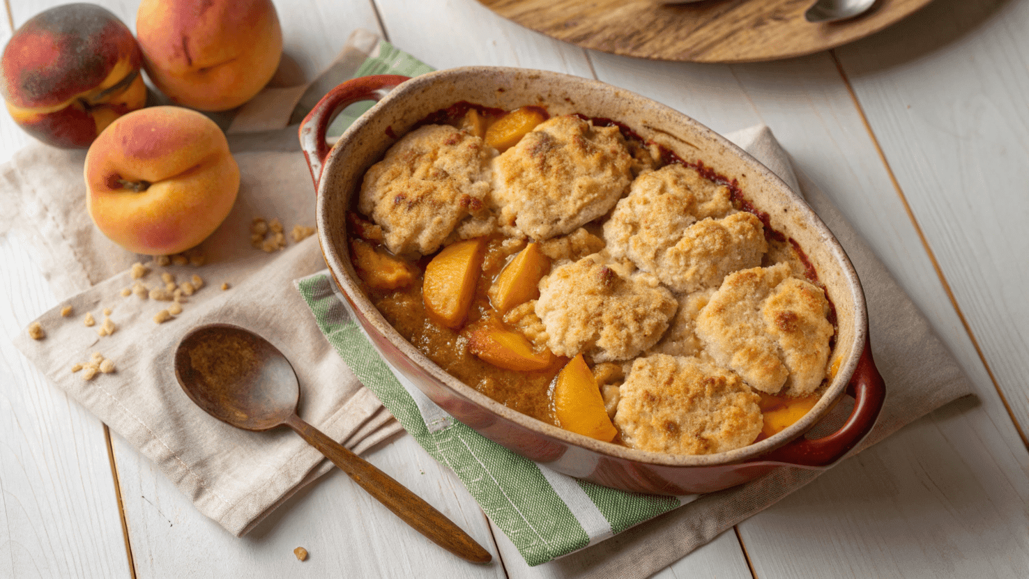 Freshly baked peach cobbler with a golden crumble topping in a rustic baking dish on a wooden table.