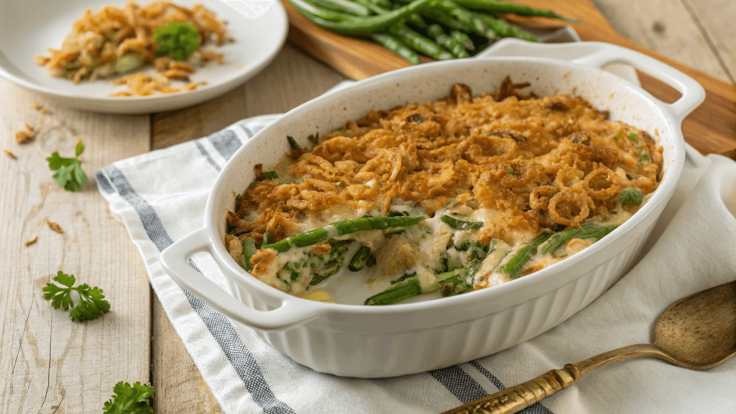 Freshly baked green bean casserole with crispy onions in a white dish, garnished with parsley.