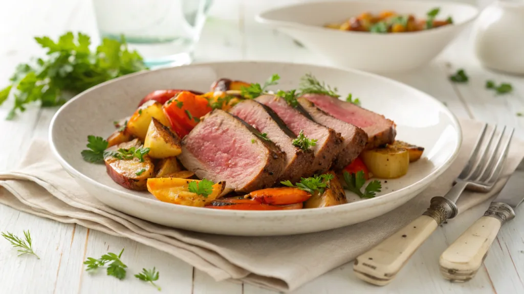 Is heart meat chewy? The Ultimate Guide! 4 Plated heart meat slices served with roasted vegetables and garnished with fresh parsley.