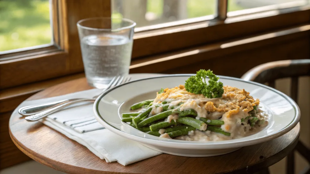 5 Simple Steps to the Best Classic Green Bean Casserole Recipe 2 A serving of green bean casserole on a white plate, garnished with parsley.