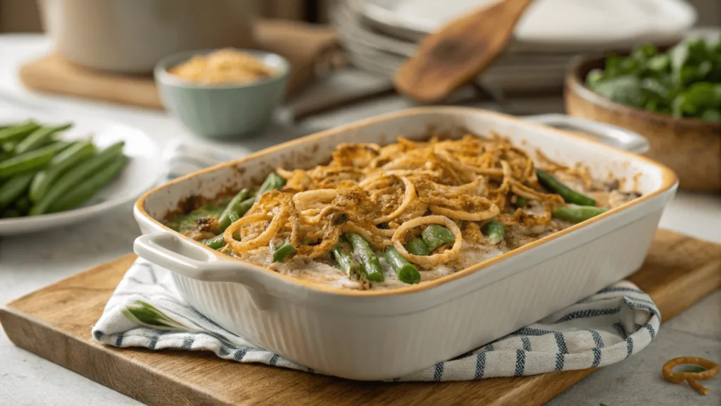 How to Keep Green Bean Casserole from Being Runny: Tips for Perfect Consistency 2 A freshly baked green bean casserole with crispy golden onions on top.