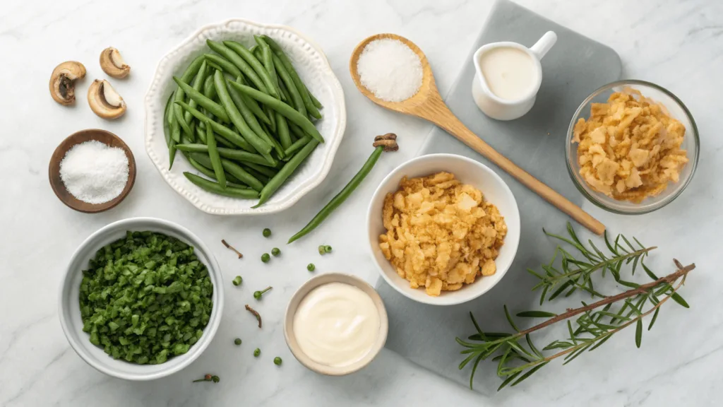 5 Simple Steps to the Best Classic Green Bean Casserole Recipe 3 Ingredients for green bean casserole recipe including green beans, cream of mushroom soup, milk, and crispy onions.