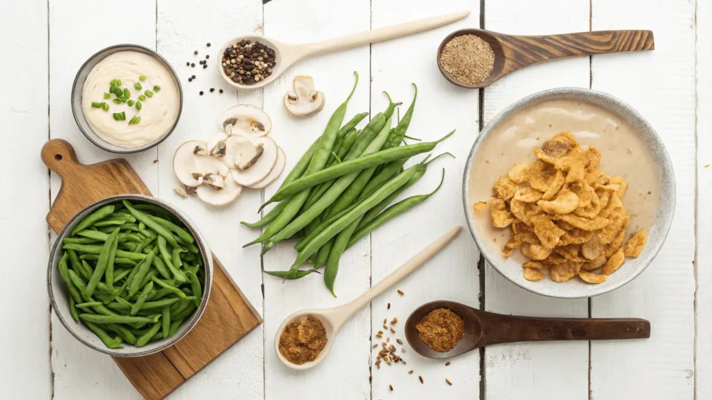 How to Keep Green Bean Casserole from Being Runny: Tips for Perfect Consistency 3 A flat lay of fresh green beans, cream of mushroom soup, crispy onions, and seasonings—everything you need for a green bean casserole to answer : How do you keep green bean casserole from being runny.
