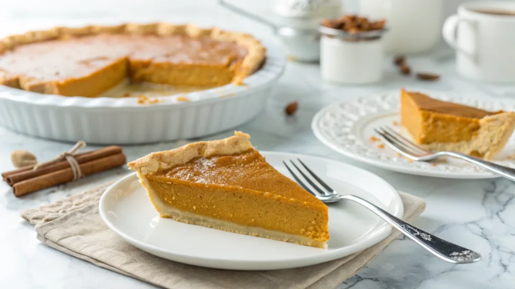Crisp Pumpkin Pie Recipe: How to Prevent a Soggy Bottom Crust 2 A slice of pumpkin pie with a firm crust and smooth filling, displayed on a white plate.