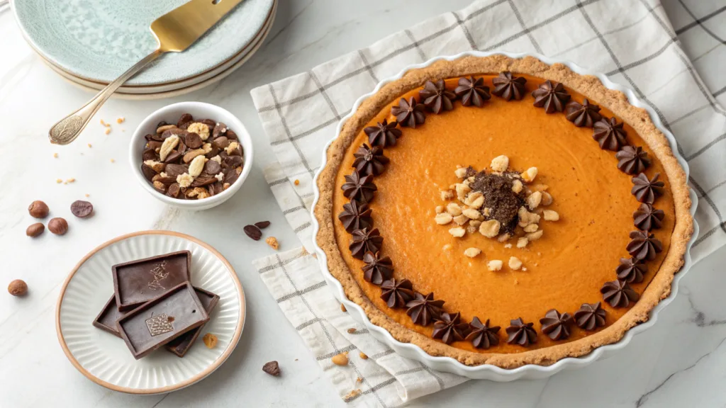 Crisp Pumpkin Pie Recipe: How to Prevent a Soggy Bottom Crust 4 Pumpkin pie with decorative crust edges, garnished with chocolate shavings and chopped nuts for added flavor.