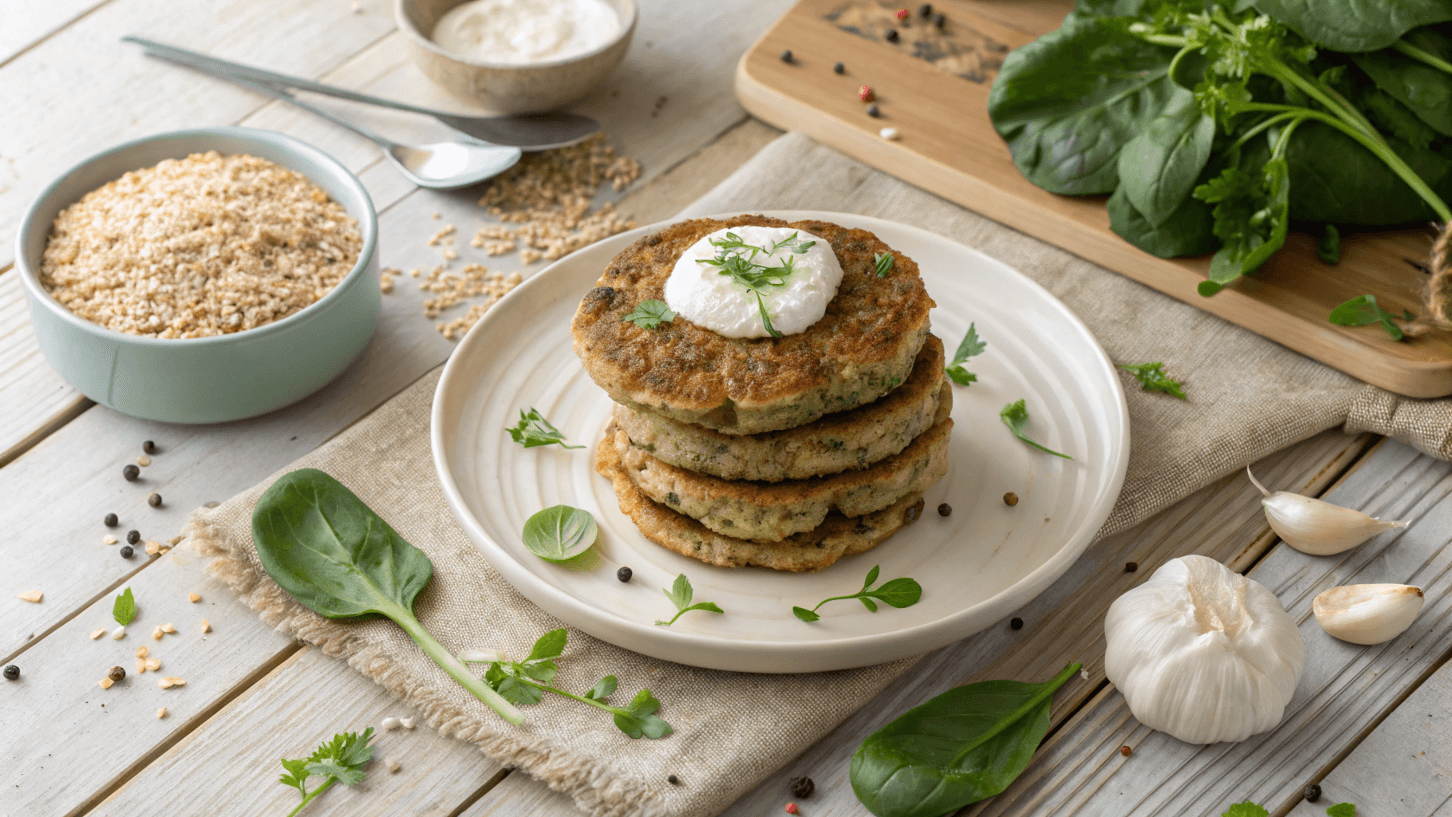 A plate of savory buckwheat cakes recipes, stacked and topped with sour cream and fresh herbs, surrounded by ingredients like spinach, garlic, and breadcrumbs on a rustic wooden table