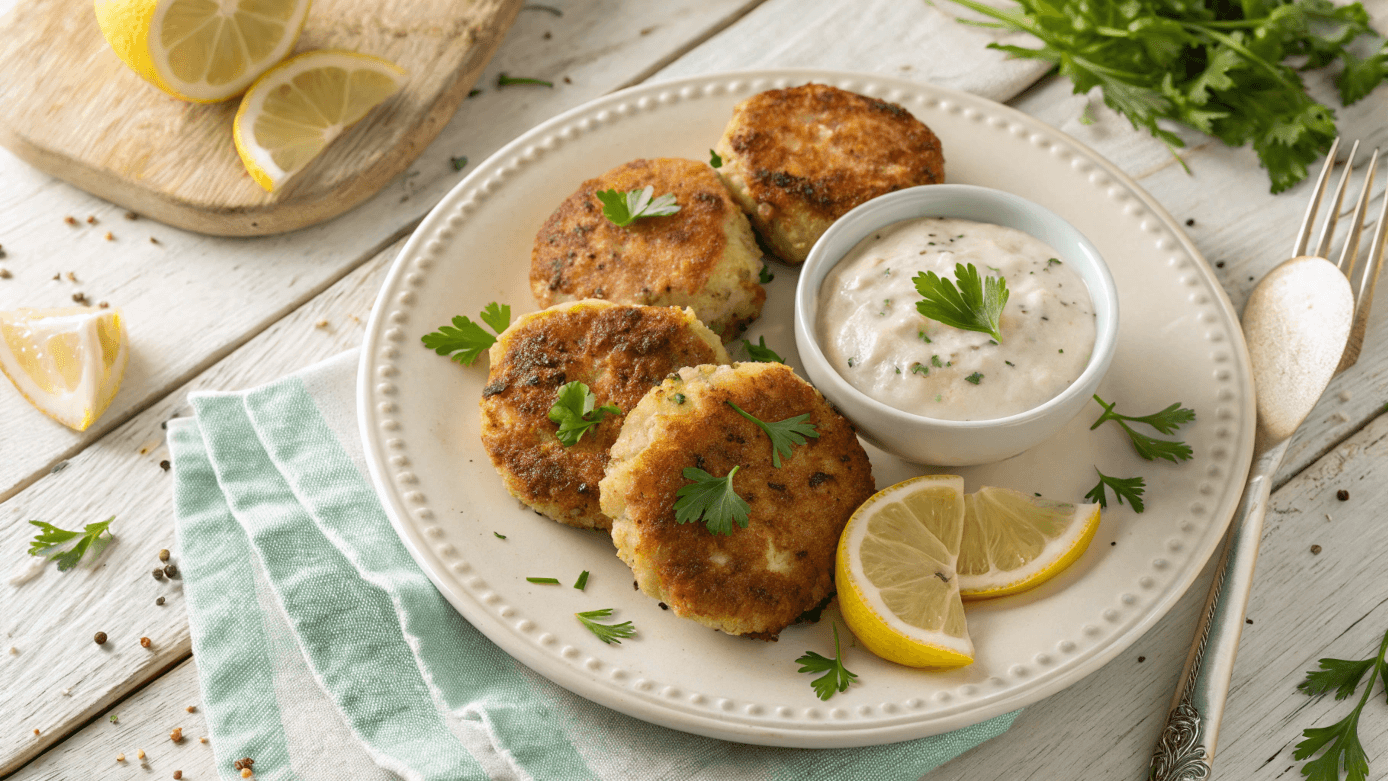 Gluten Free Crab Cake Recipe with Lemon and Parsley garnished with parsley and lemon wedges, served with tartar sauce on a rustic wooden plate.