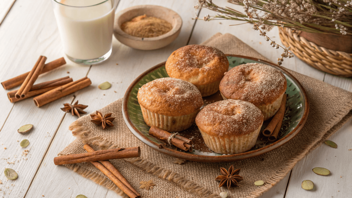 Golden-brown vegetarian cinnamon sugar donut muffins dusted with cinnamon sugar on a rustic plate with almond milk and cinnamon sticks