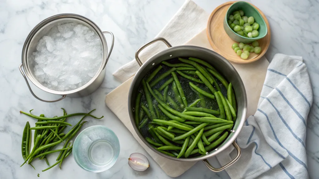 How to Keep Green Bean Casserole from Being Runny: Tips for Perfect Consistency 4 Fresh green beans being blanched and cooled in ice water, part of the preparation for a green bean casserole.