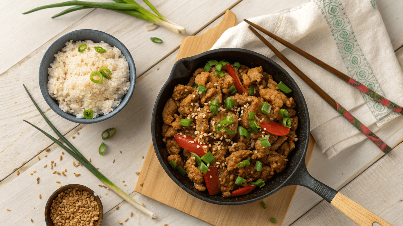 A skillet of ground chicken stir-fry garnished with green onions and sesame seeds, served with a bowl of rice on a wooden table