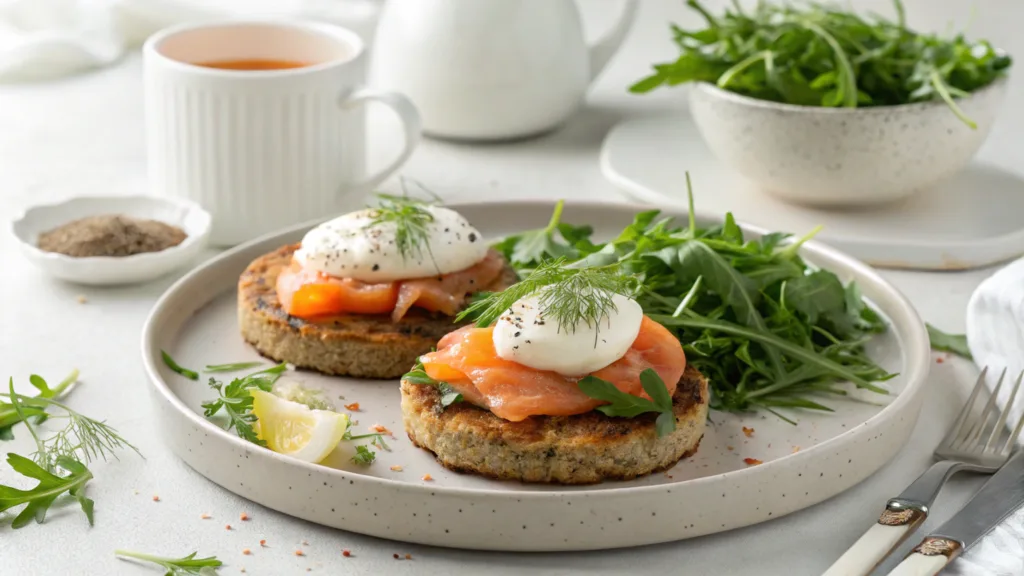 Ultimate Guide to Savory Buckwheat Cakes Recipes 4 A plate showcasing savory buckwheat cakes recipes, topped with smoked salmon, poached eggs, and fresh dill, served alongside a bed of arugula, with a slice of lemon and tea in the background.
