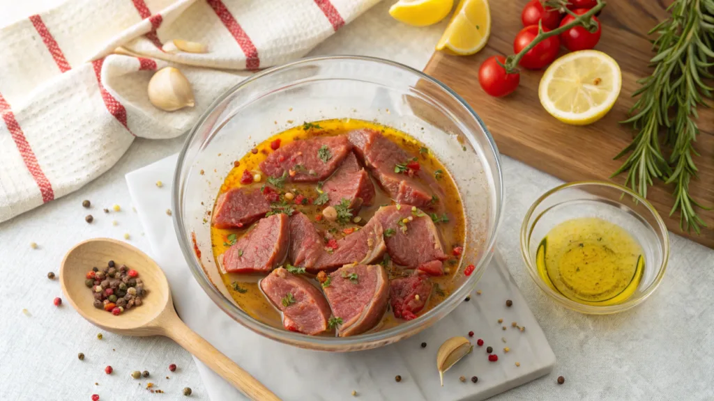 Is heart meat chewy? The Ultimate Guide! 2 Is heart meat chewy?Heart meat slices in a glass bowl coated in olive oil, garlic, lemon, and paprika marinade.
