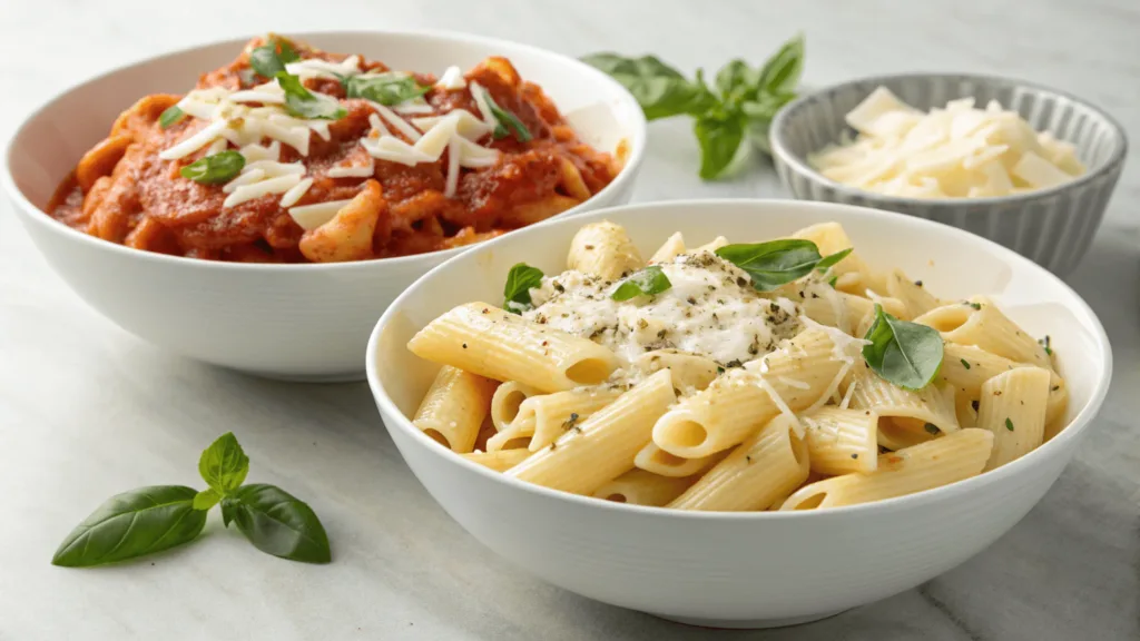 7 Must-Know Differences Between Baked Ziti and Penne Noodles 6 Ziti with Alfredo sauce and penne with chunky marinara side by side showing the difference between baked ziti and baked penne noodles.