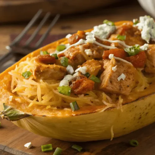 Delicious Buffalo Chicken Spaghetti Squash