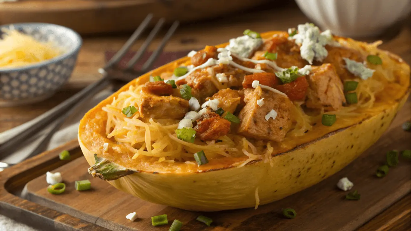 Delicious Buffalo Chicken Spaghetti Squash