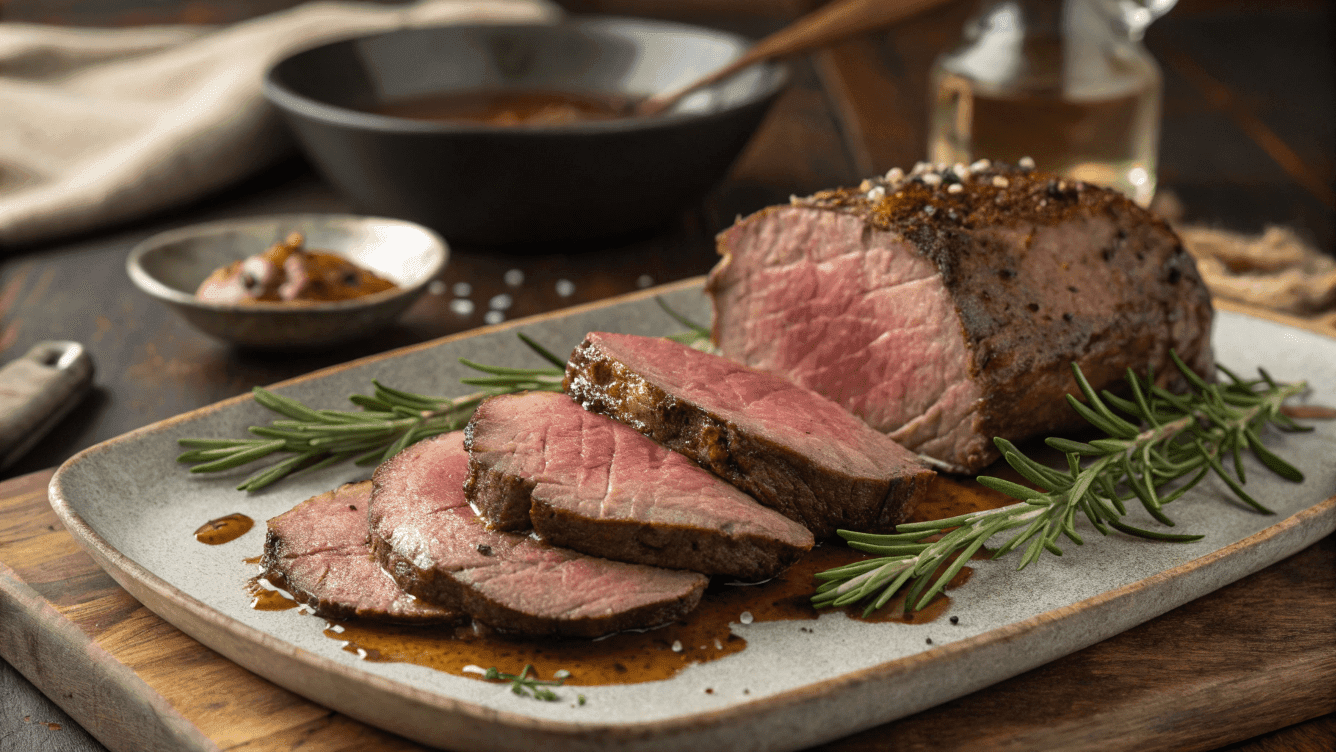 Perfectly cooked venison roast.