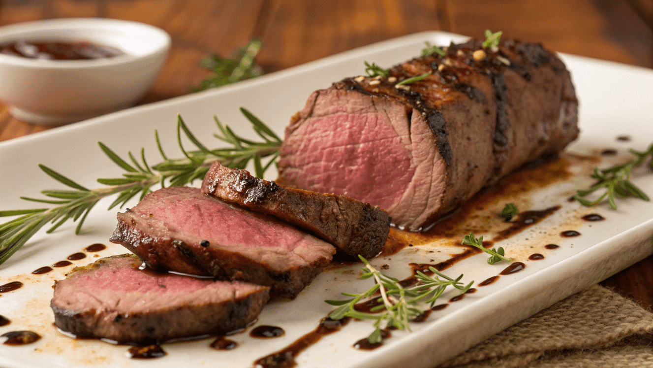 Perfectly cooked venison tenderloin.