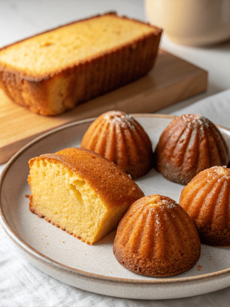 Pound cake and Madeleines side-by-side