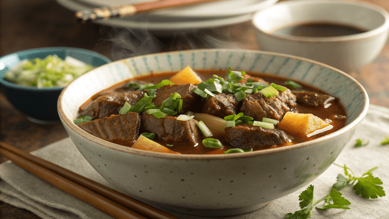 Steaming bowl of Hawaiian Beef Stew with garnishes.