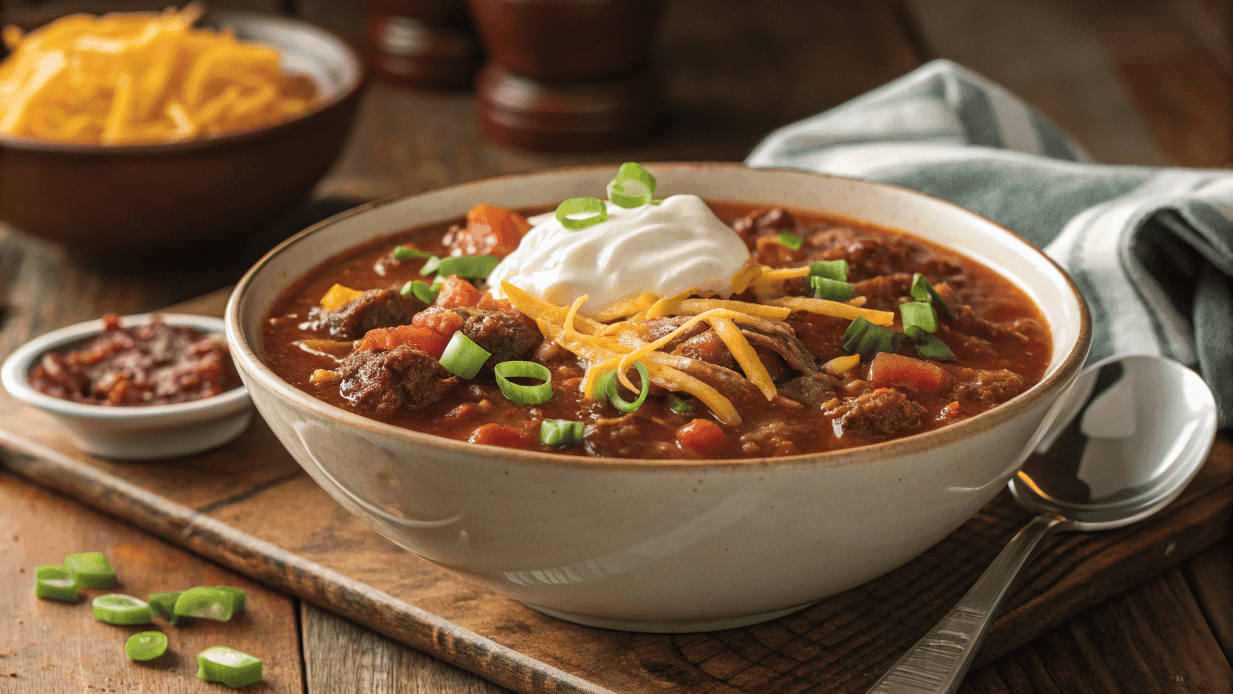 Steaming bowl of venison chili recipe with toppings.