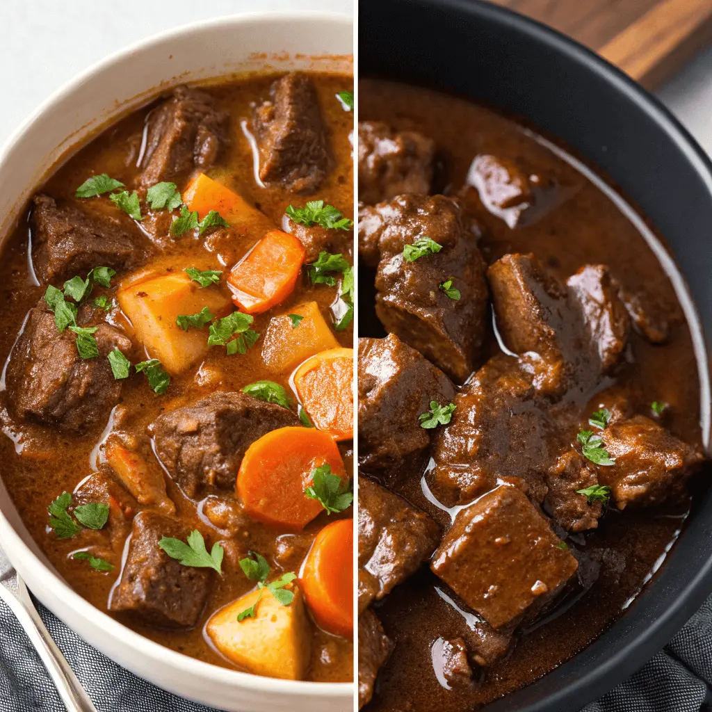 The #1 Ingredient Upgrade for a Richer, More Flavorful Beef Stew 5 Side-by-side comparison of well-cooked and over-seasoned beef stew