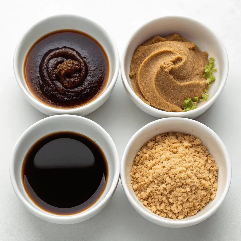 The #1 Ingredient Upgrade for a Richer, More Flavorful Beef Stew 3 Close-up of The One Ingredient Upgrade for Better Beef Stew wich is balsamic vinegar, soy sauce, miso paste, and anchovy paste displayed.