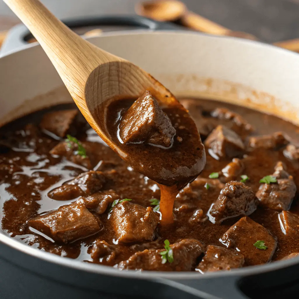 The #1 Ingredient Upgrade for a Richer, More Flavorful Beef Stew 4 Beef stew simmering with upgrade ingredient stirred in