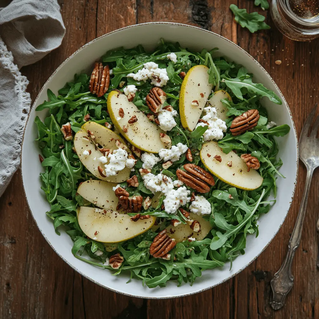 Overhead bowl of arugula pear salad with pear slices and pecans