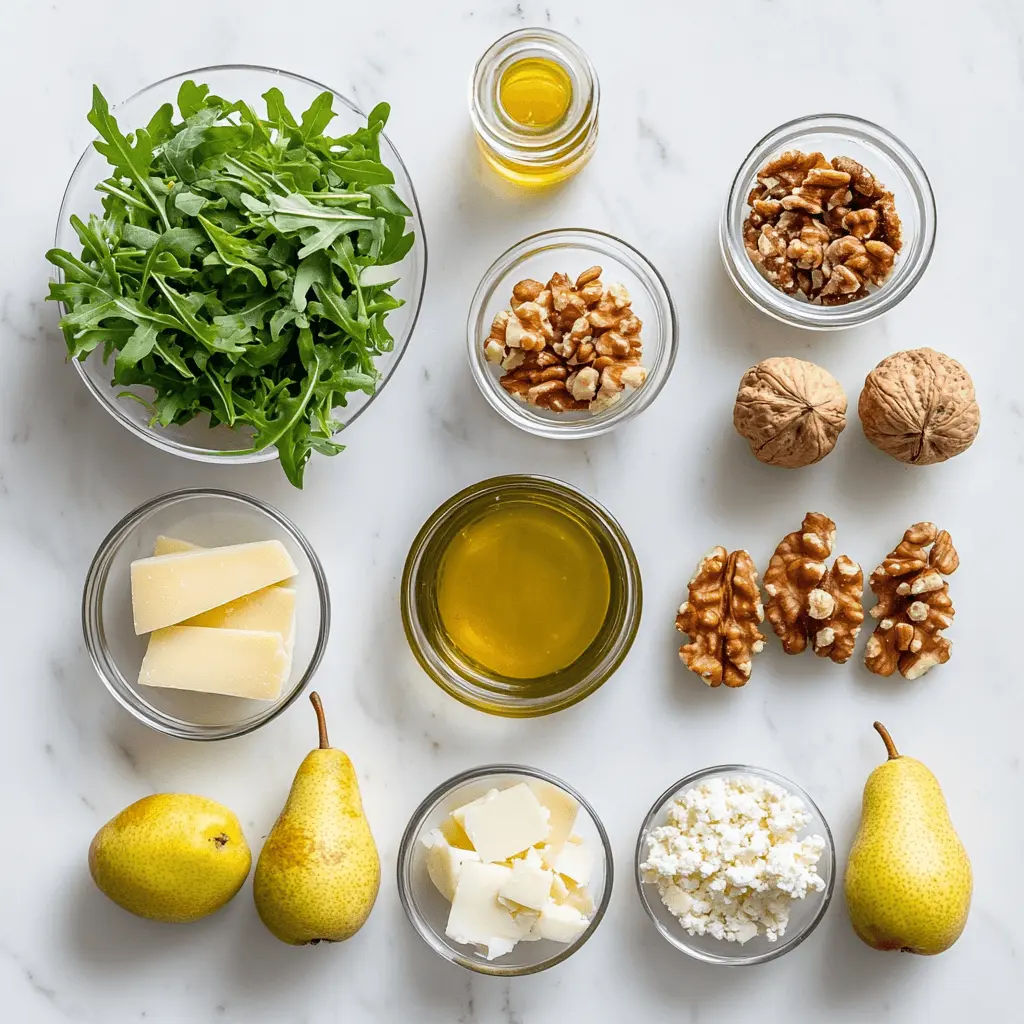 Arugula Pear Salad Recipe – Fresh, Sweet & Simple Perfection 12 Fresh ingredients for arugula pear salad on marble counter