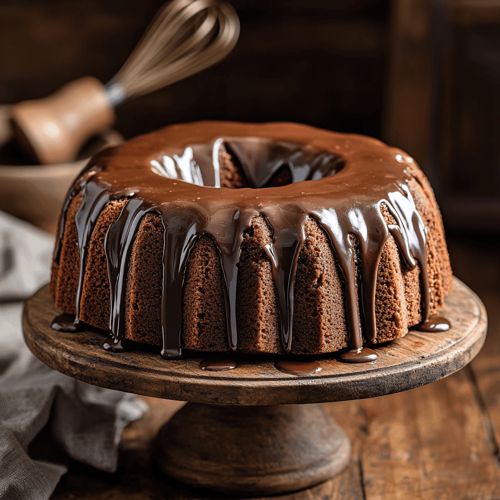 Chocolate whipping cream pound cake with chocolate glaze on cake stand