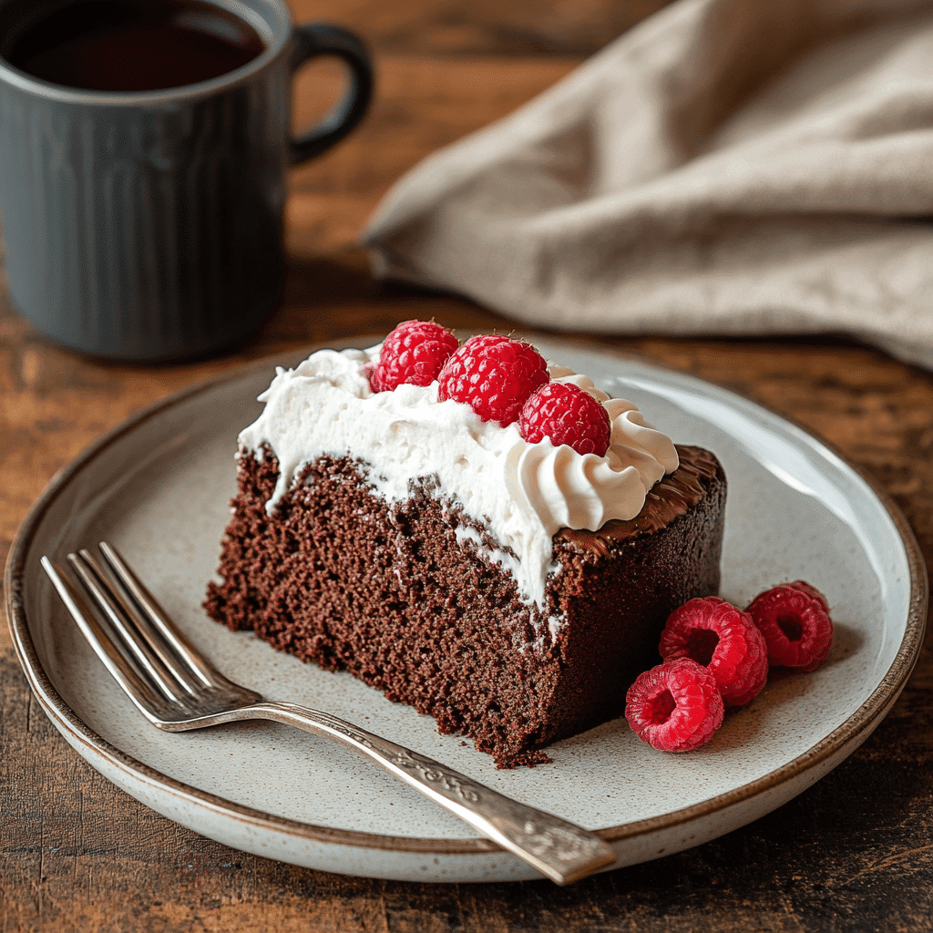 Chocolate Whipping Cream Pound Cake That’s Moist and Fudgy 9 A slice of chocolate whipping cream pound cake with whipped cream and berries
