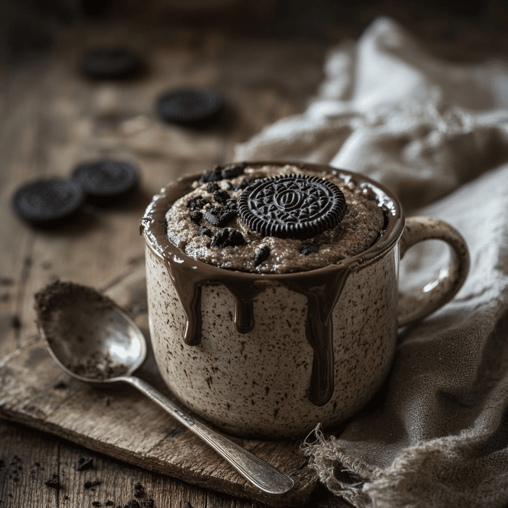 Eggless Oreo mug cake in rustic kitchen