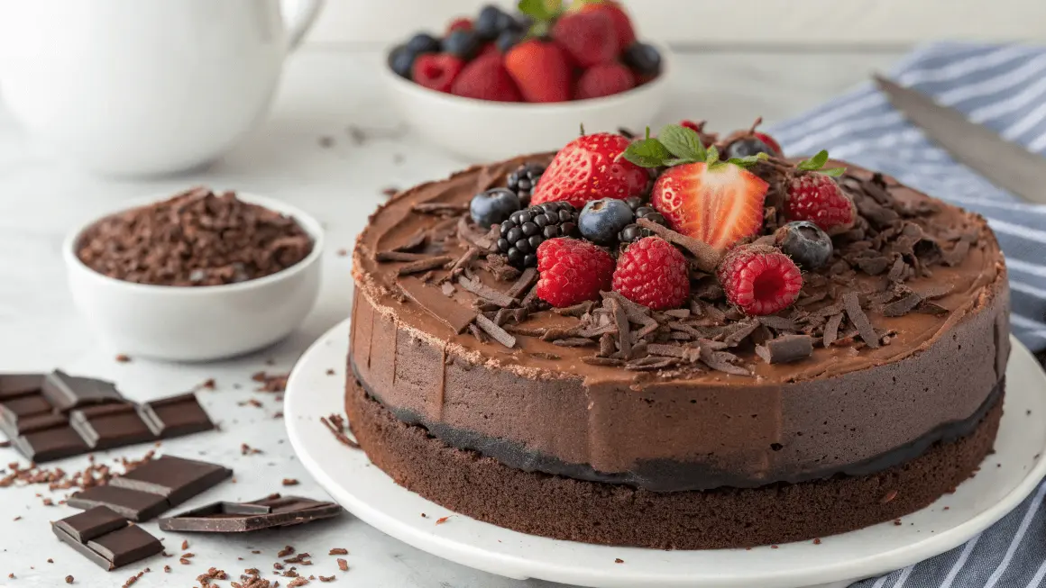Decadent chocolate cake with chocolate mousse recipe.