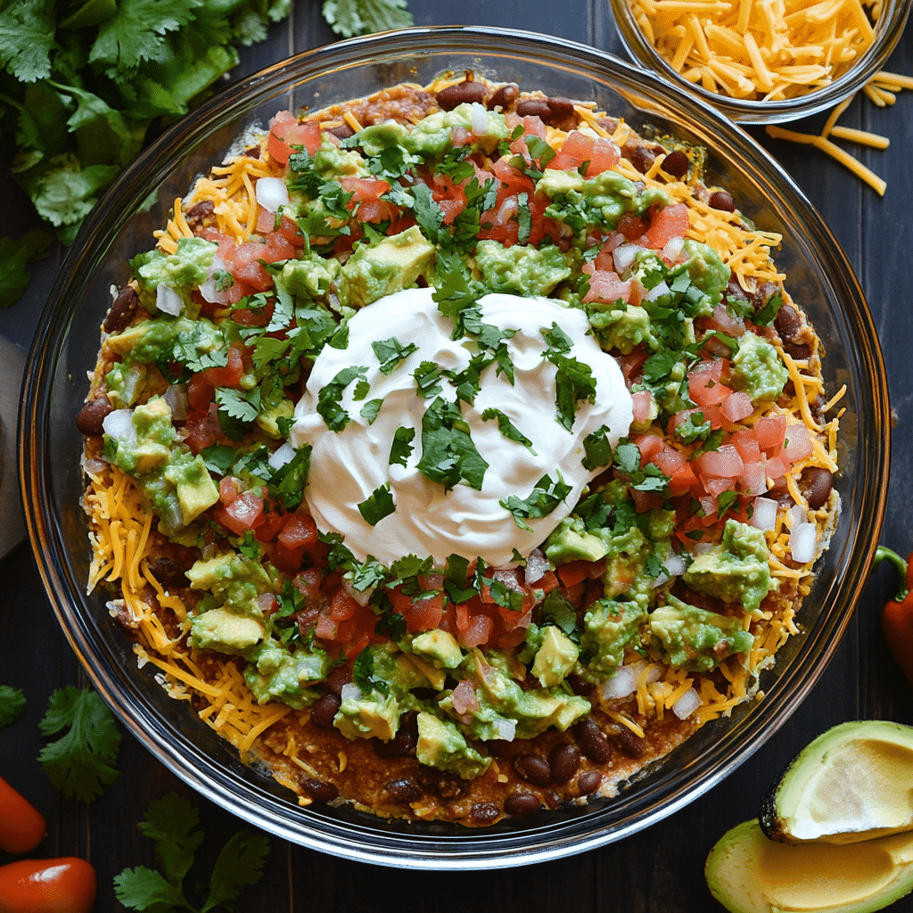 Five Layer Dip in glass dish