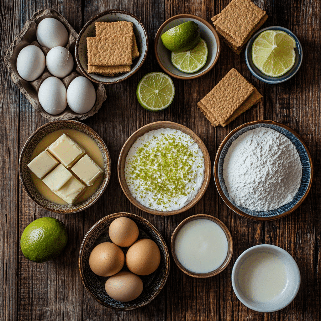 Key Lime Pie Bars – Easy, Creamy, Tangy Dessert Squares 6 Key lime pie bars ingredients on wooden table