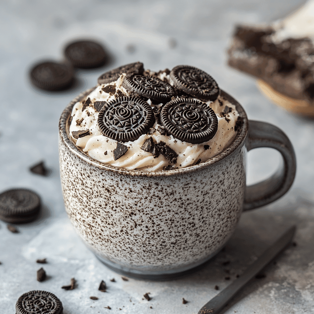 Oreo mug cake fresh from microwave