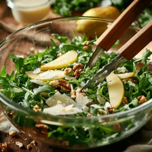Arugula Pear Salad Recipe – Fresh, Sweet & Simple Perfection 11 Tossed arugula pear salad in glass bowl with vinaigrette