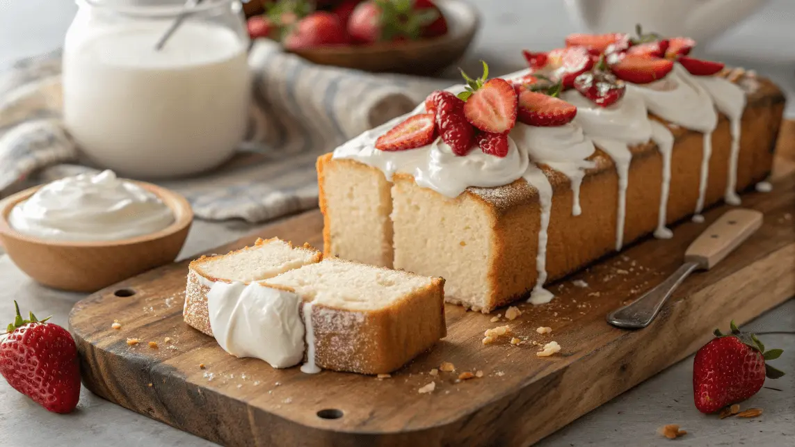 Tres leches pound cake with creamy milk soak and whipped cream