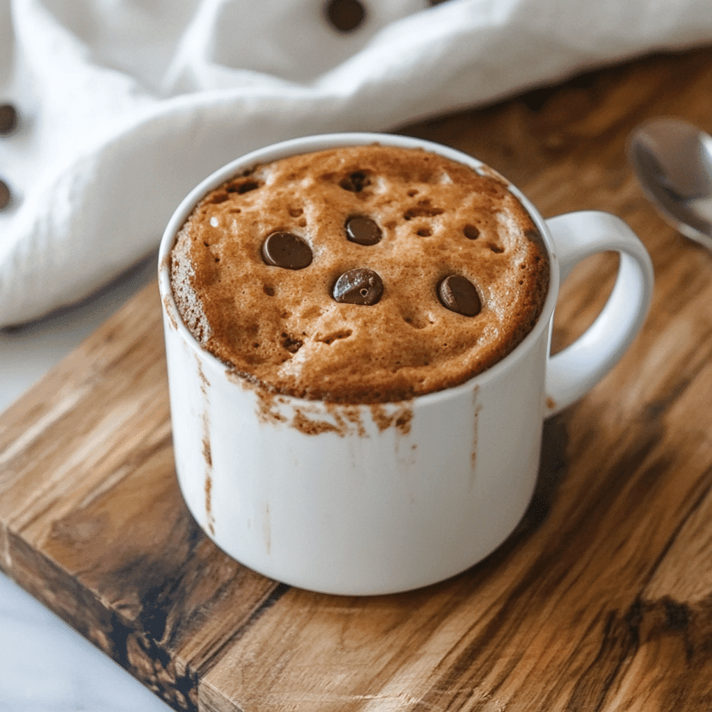 3 ingredient protein powder mug cake in ceramic mug