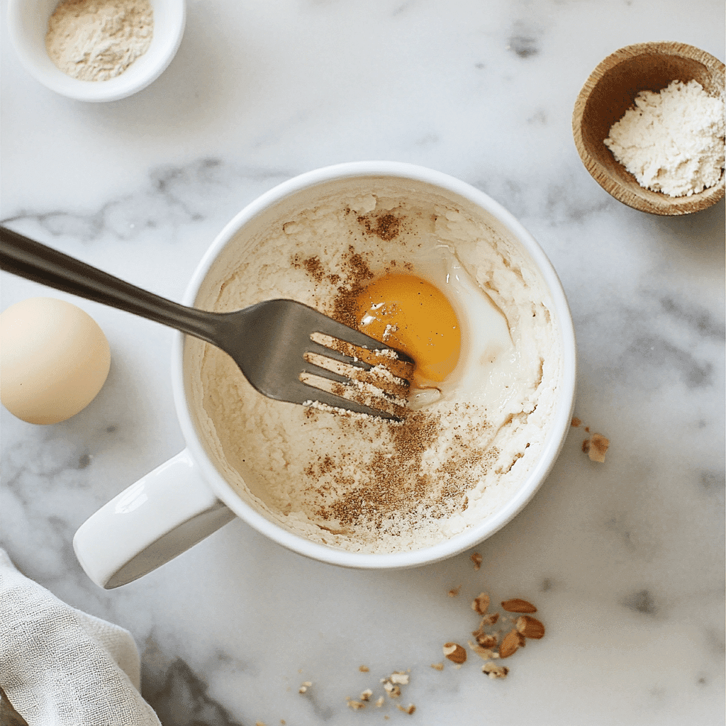 3 Ingredient Keto Mug Cake Almond Flour – Quick, Fluffy, Guilt-Free 9 Mixing almond flour, egg, and sweetener for keto mug cake