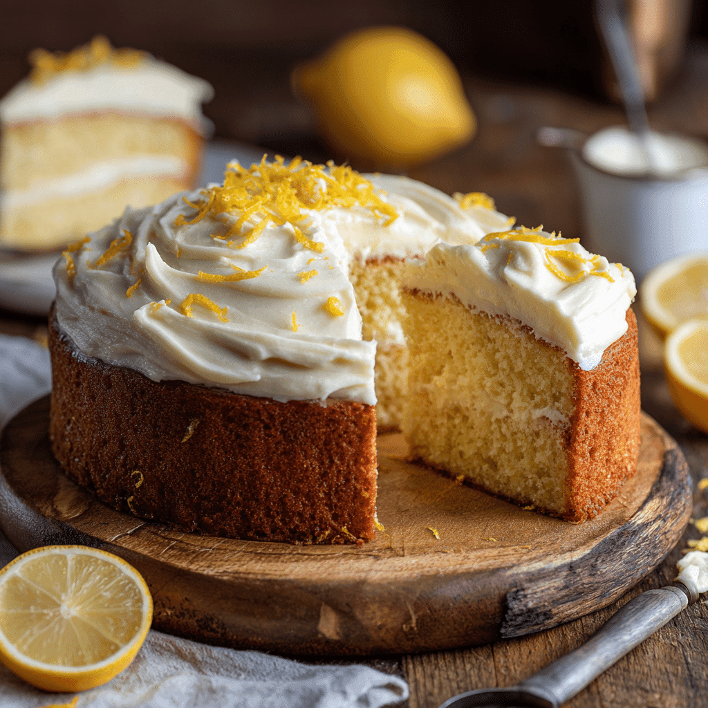 Lemon mascarpone cake on rustic table