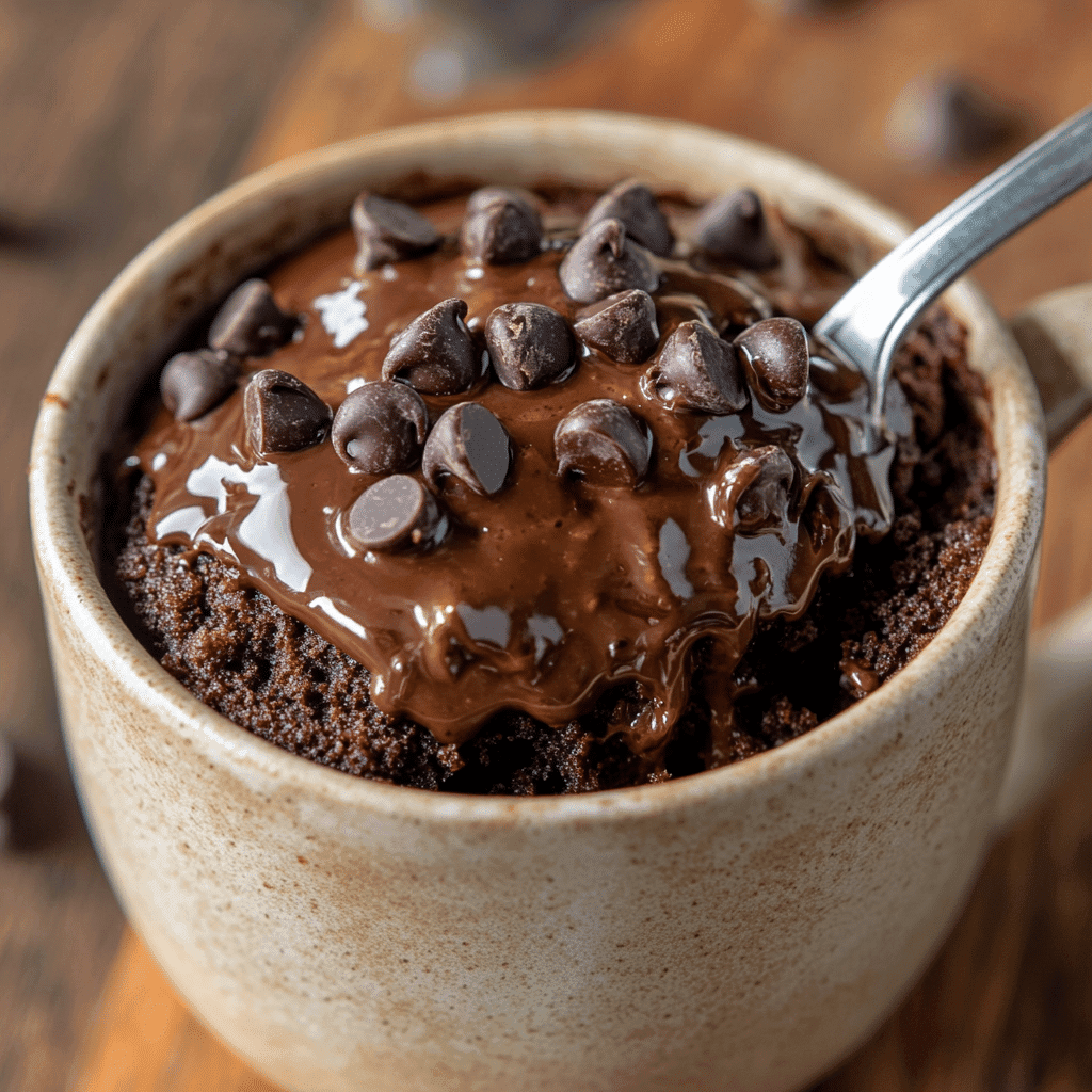 Protein Mug Cake: Quick, Rich & Guilt-Free in 90 Seconds 9 Protein mug cake with gooey chocolate center and spoon