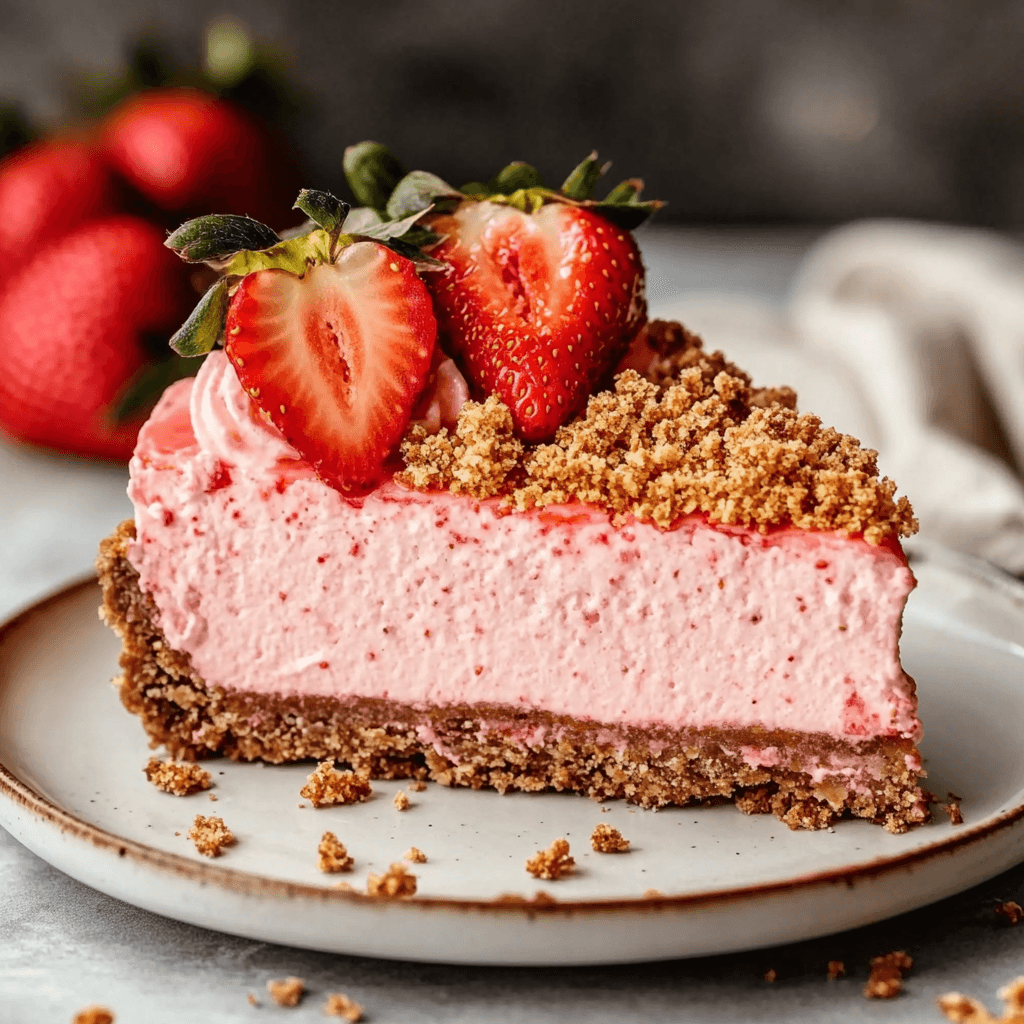Strawberry crunch cheesecake slice with topping