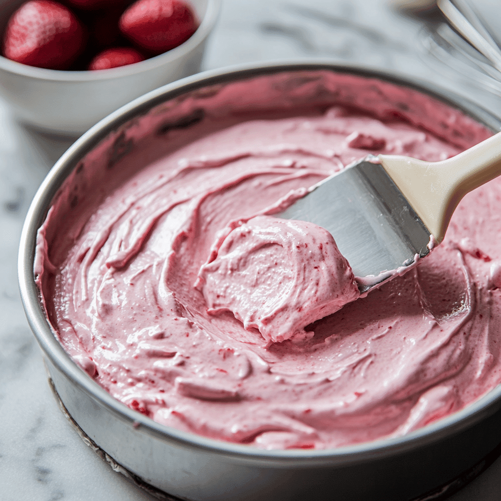 Strawberry Crunch Cheesecake Recipe That’s a Crunch Above the Rest 8 Strawberry cheesecake batter with swirl in springform pan