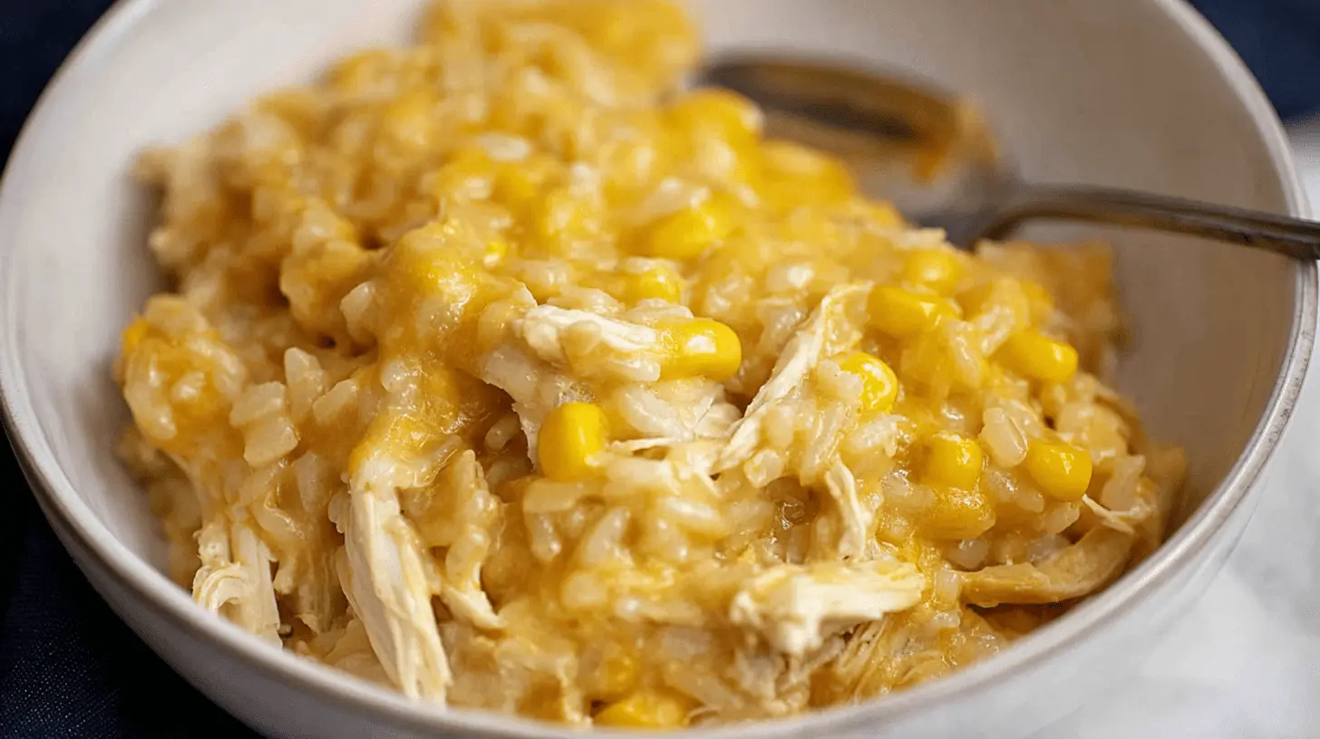 A close-up, top-down view of a hearty bowl of cheesy chicken and rice crockpot, featuring shredded chicken, corn, and a rich, yellow-orange cheesy sauce.