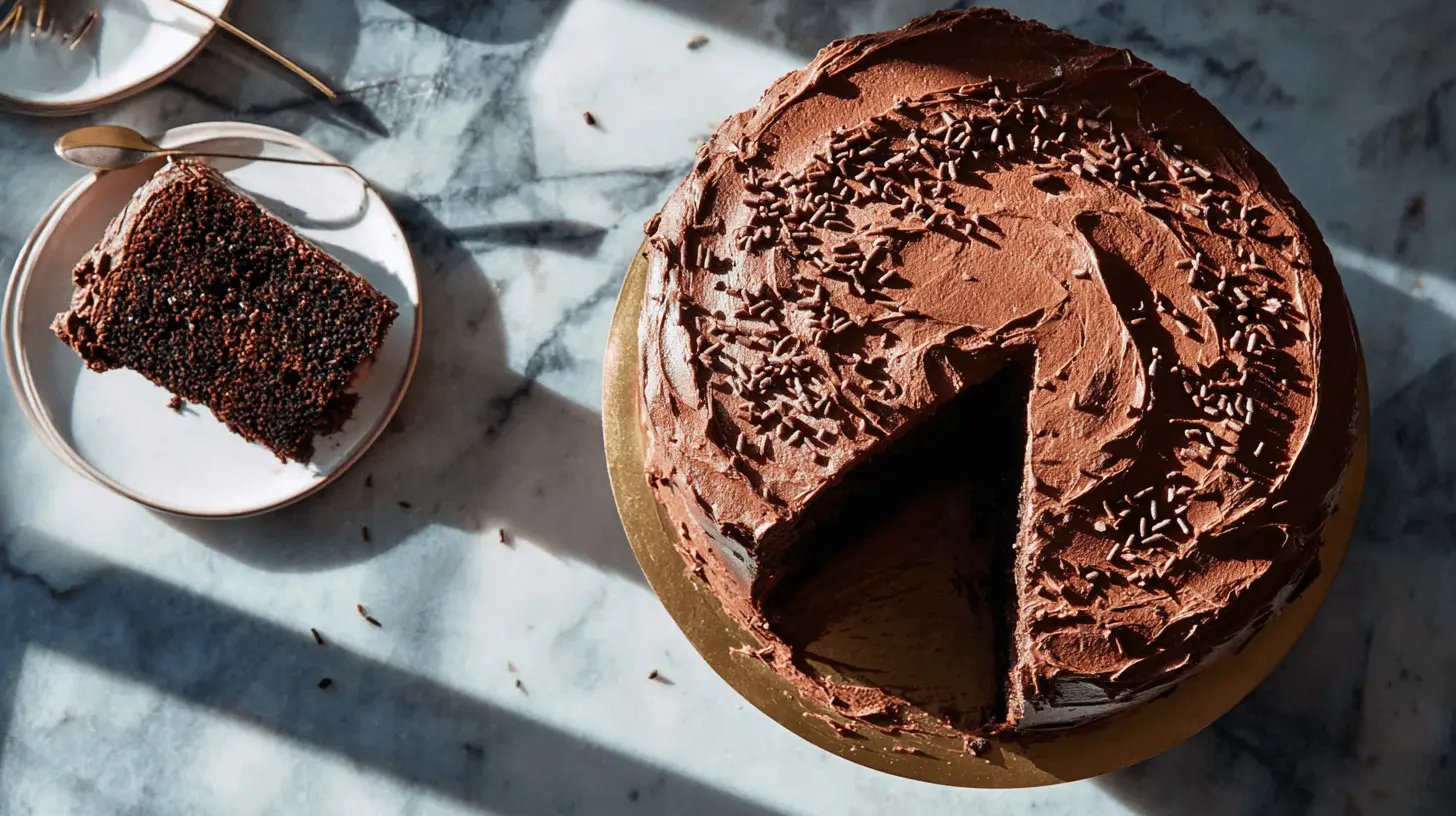 A partially served chocolate birthday cake with sprinkles on a gold board, next to a slice on a plate with a spoon, all on a marble surface.