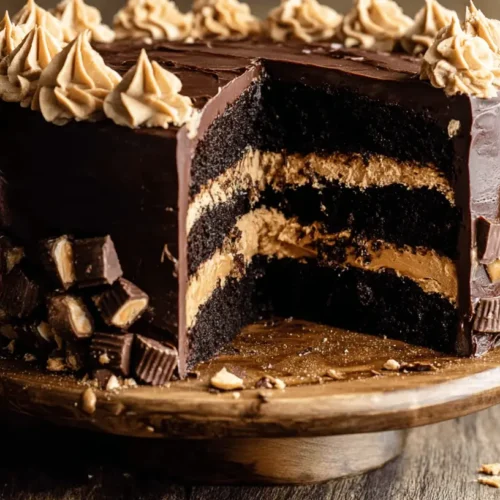 Decadent multi-layered chocolate peanut butter cake on a rustic wooden stand, with a slice revealing rich chocolate and creamy peanut butter frosting.